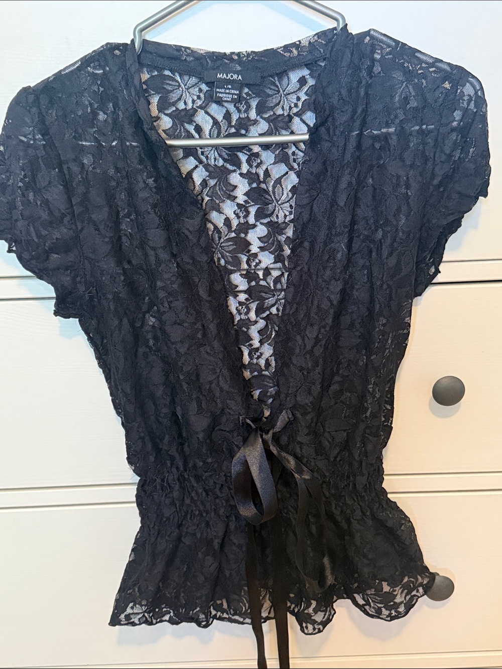 Majora Black Lace Short Sleeve Tie-Front Top